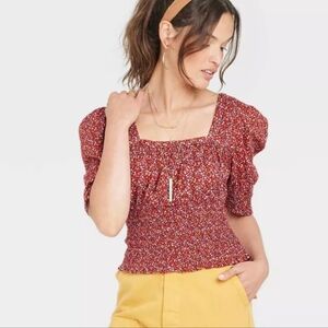 Women's Puff Sleeve Smocked Fitted Blouse Burgundy Floral